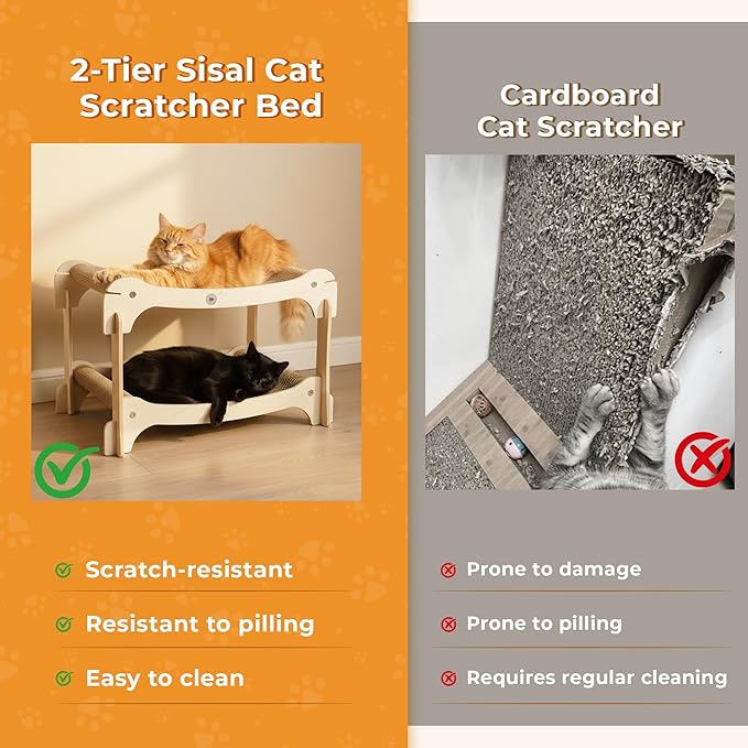 Two-Tier Sisal Cat Scratcher Bed - Large Scratching Board with Lounger Cat Scratch Pad, Sturdy Wooden Scratching Post for Indoor Kittens&Adult Cats, Easy Assemble Elevated Cats Bed Furniture