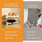 Two-Tier Sisal Cat Scratcher Bed - Large Scratching Board with Lounger Cat Scratch Pad, Sturdy Wooden Scratching Post for Indoor Kittens&Adult Cats, Easy Assemble Elevated Cats Bed Furniture