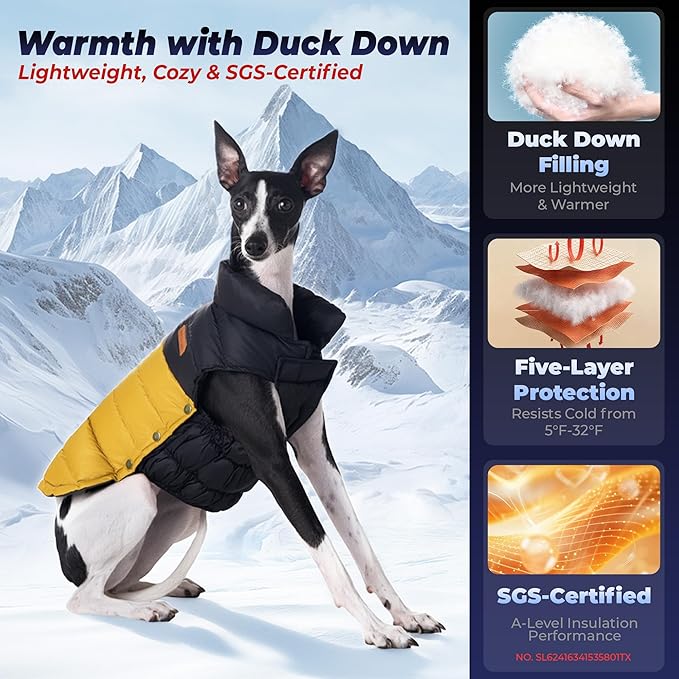 SPACE LION Dog Puffer Jacket, Down Winter Coat, Durable Outdoor Coat for Cold and Windy Conditions, Lightweight & Adjustable Fit Coats for Large Dogs,(BlackKhaki, Size22/XL+)