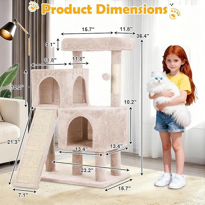 36 Inches Cat Tree for Indoor Cats, Multi-Level Cat Tower with Scratching Posts, Ramp, Plush Perch & 2 Condos, Stable for Multiple Cats Kittens House & Small Room, Beige
