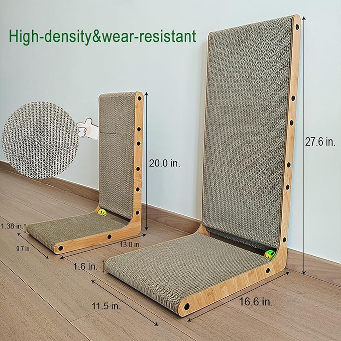 Large Cat Scratcher & Scratching Post, 27.6" Tall L-Shape Cat Scratch Board & Pad for Indoor Cats, Leans Against Wall & Sofa, High-Strength Cardboard with Bell, Catnip & Teaser Wand