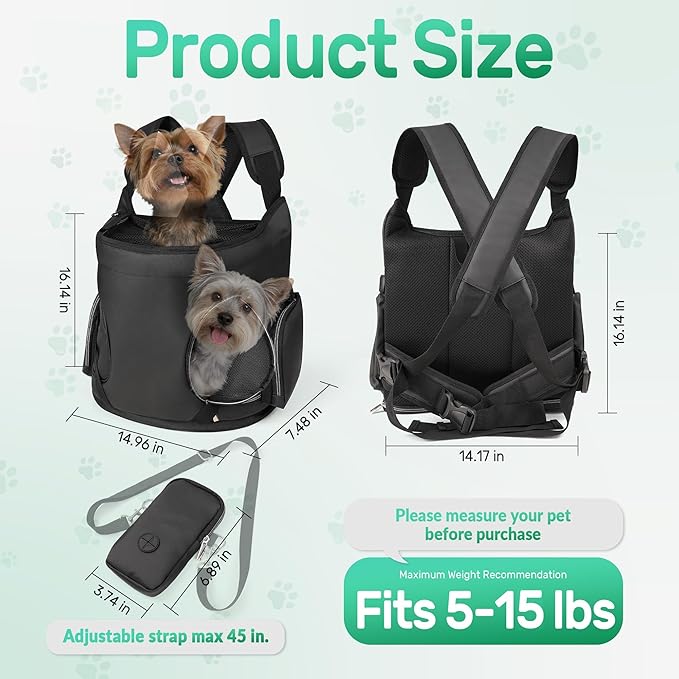 YUDODO Dog Front Backpack Carrier 5-15 lbs, Soft Breathable Pet Front Facing Carrier with Adjustable Straps, Multi-Pocket Design, for Small Dogs & Cats (Black)