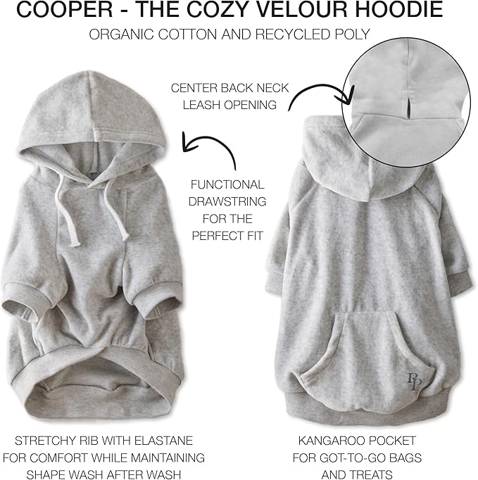 Cooper II Organic Cotton Velour Dog Hoodie Pet Coat for Small, Medium and Large Dogs, Light Heather Gray, XXX-Small (up to 5lbs)