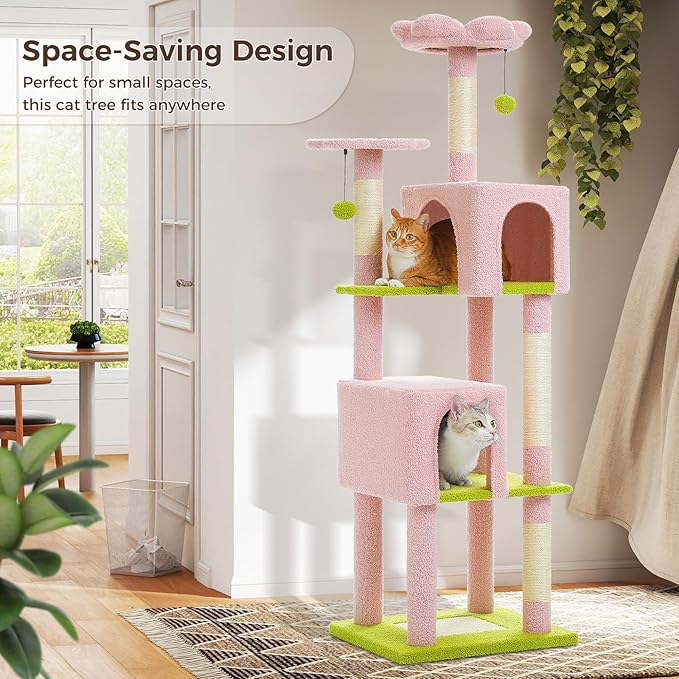 Flower Cat Tree, 62-Inch Tall Multi-Level Cat Tower with Scratching Posts, Cat Condos for Large Indoor Cats, Plush Cat Bed w/Padded Perches, Scratching Pad & 2 Green Pompoms, Pink