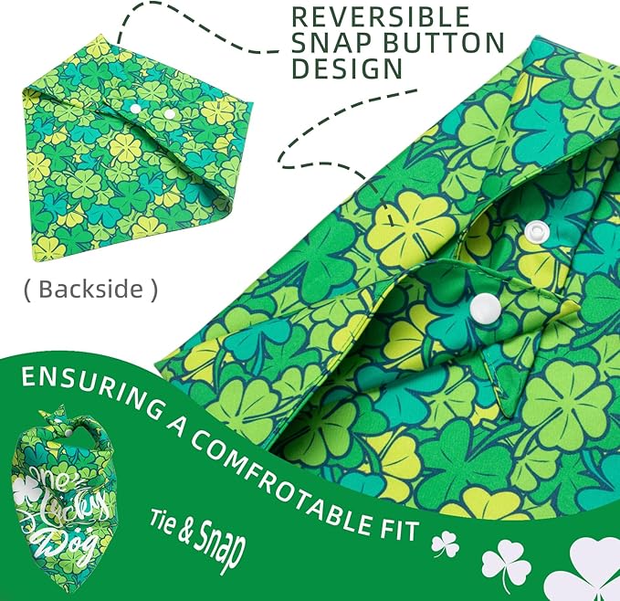 Dog Bandana for St. Patricks Day 2-in-1 Reversible - One Lucky Dog & 4-Leaf Clover Design, Pet Scarf with Snap Button Cute Lucky Holiday Costumes, Large & Giant Breeds (75lbs+)
