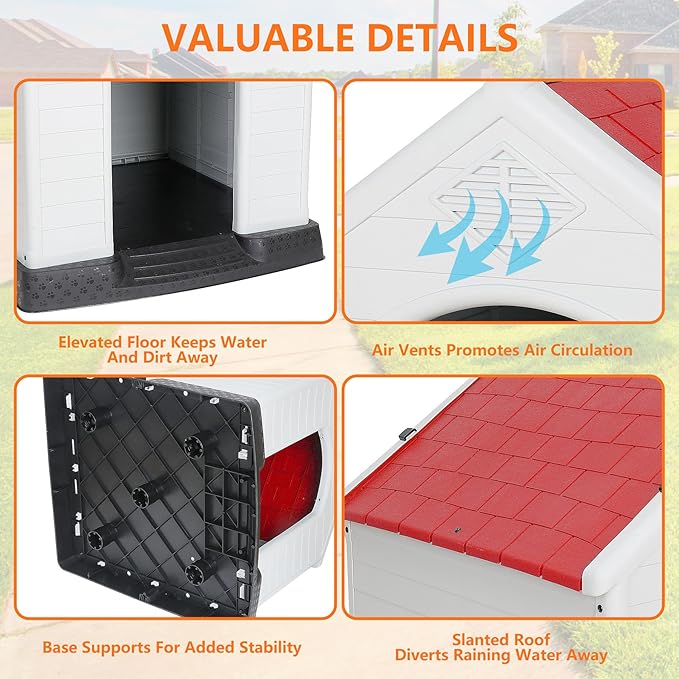 ZENY Plastic Dog House - Waterproof Dog Kennel with Air Vents and Elevated Floor All Weather Indoor Outdoor Insulated Doghouse Puppy Shelter, Easy to Assemble (Red, 28inch)