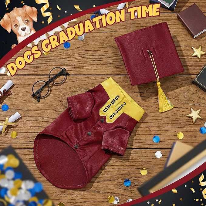 5 Pcs Dog Graduation Costume Set Include 2026 Pet Graduation Gown with Stole Puppy Grad Cap Lensless Glasses DIY Letter Stickers for Dogs Cats Holiday Costume Accessory(Maroon Yellow,L)