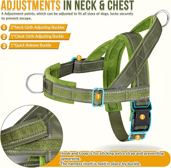 Lukovee No Pull Dog Harness & Leash Set - Heavy Duty Dog Vest Harness with Soft Padded for Medium Large Dogs, Adjustable Reflective Tactical Pet Harness for Easy Walk and Training (M, Green)