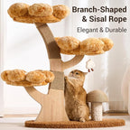 Aesthetic Flower Cat Tree Tower for Indoor Cats, 37" H Modern Cat Tree with Wood Sculpted Branch Scratching Post, Washable Flower Cat Beds, Mushroom Scratcher & Interactive Squeaky Toy, Brown