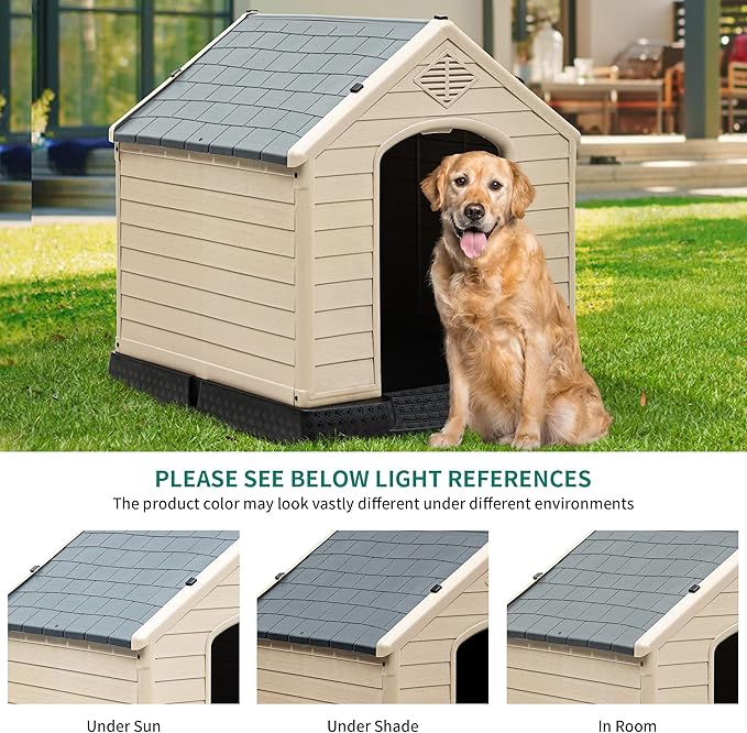 YITAHOME Plastic Dog House, Waterproof Indoor Outdoor Doghouse for Large or Small Dog, with Air Vents and Elevated Floor, Easy Assemble and Clean