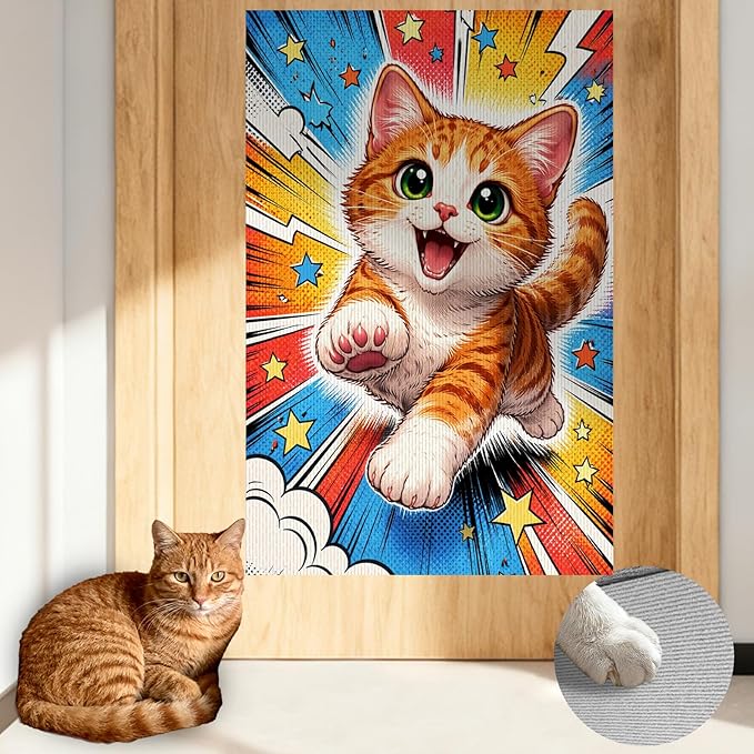 Nuxovilar Cat Wall Scratcher 15.3x23.6 Inches Polyester Synthetic Fiber, Comic Style Kitten Print, wall scratchers for Indoor Cats, cat Scratch pad, Home Decor, Kids Room, Den (2pcs)