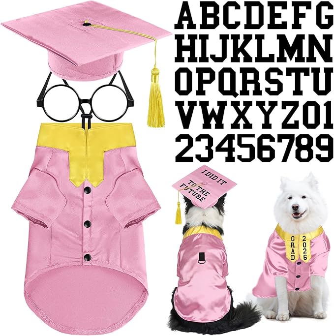 5 Pcs Dog Graduation Costume Set Include 2026 Pet Graduation Gown with Stole Puppy Grad Cap Lensless Glasses DIY Letter Stickers for Dogs Cats Holiday Costume Accessory(Pink Yellow,XL)