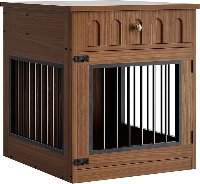 IRONCK Dog Crate Furniture, Wooden Dog Crate with Drawer and Flip-Top Storage, Indoor Dog House End Table for Small Breeds, for Living Room, Bedroom, Walnut