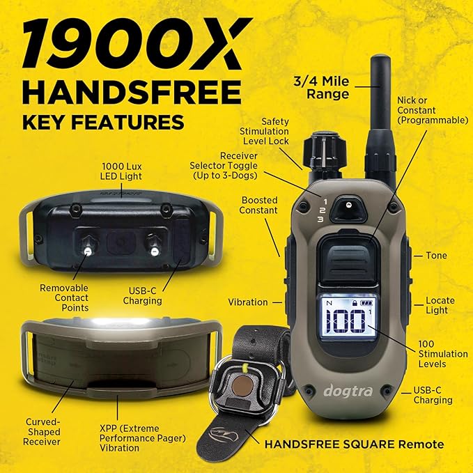 Dogtra 1900X Handsfree E-Collar for Dog Training - 3/4 Mile Range, for Dogs 35 lbs+, Waterproof, 100 Stimulation Levels, Vibration, Tone, Rechargeable - Hands-Free Remote for Dog Owners and Trainers