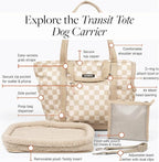 Cleverpup Transit Tote Dog Carrier 4-Piece Set - Premium Lightweight Pet Travel Bag with Plush Teddy Insert, Food Pouch, Air Mesh Opening, Water-Resistant Base & Safety Tether - Medium Checkerboard