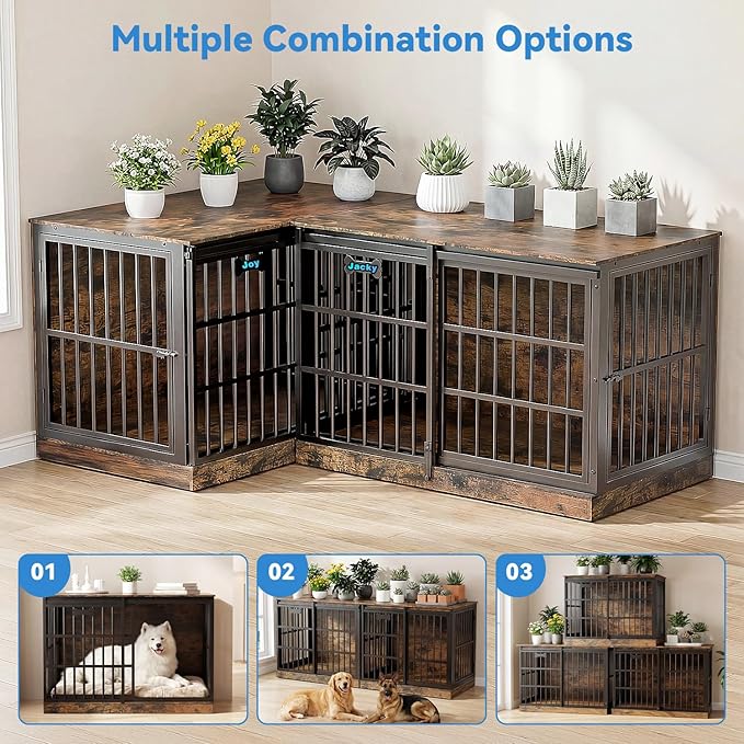 Petrova 47" Dog Crate Furniture with Name Tag, Heavy Duty Dog Kennel Indoor for Large/Medium Dogs, Wooden Dog Cage with Sliding Door, Decorate House as TV Stand, End Table, Rustic Brown