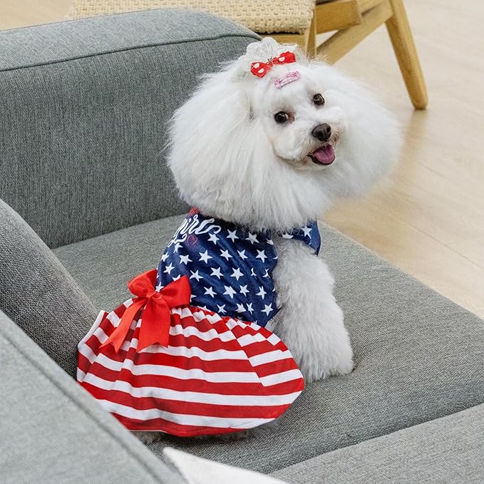 CuteBone Dog Dresses Velvet 4th of July Small Dogs Clothes Onesie Pet Apparel Girl Puppy Skirt with Bow Hair Rope CVA39S-D