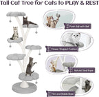 FKWin 71 Inch Tall Cat Tree, Flower Shape Scratching Post, Cat Scratcher, Cat Furniture for Indoor Cats, Kittens Pet House, Cat Bed with Hang Ball, Plush Cat Tower for Large and Small Cats(Gray)