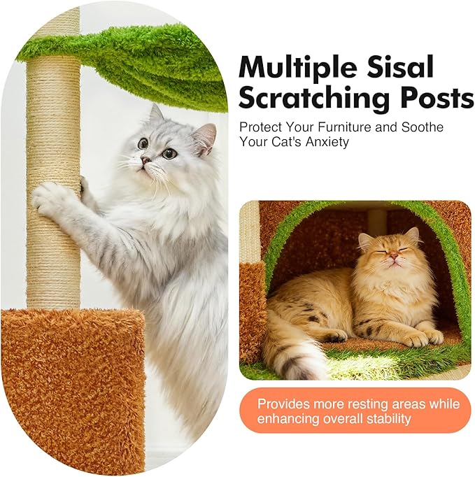 42-inch Cat Tree Features with Two Large Cat Houses, A Cozy Hammock, Sisal Rope and Oversized Platform (Green)