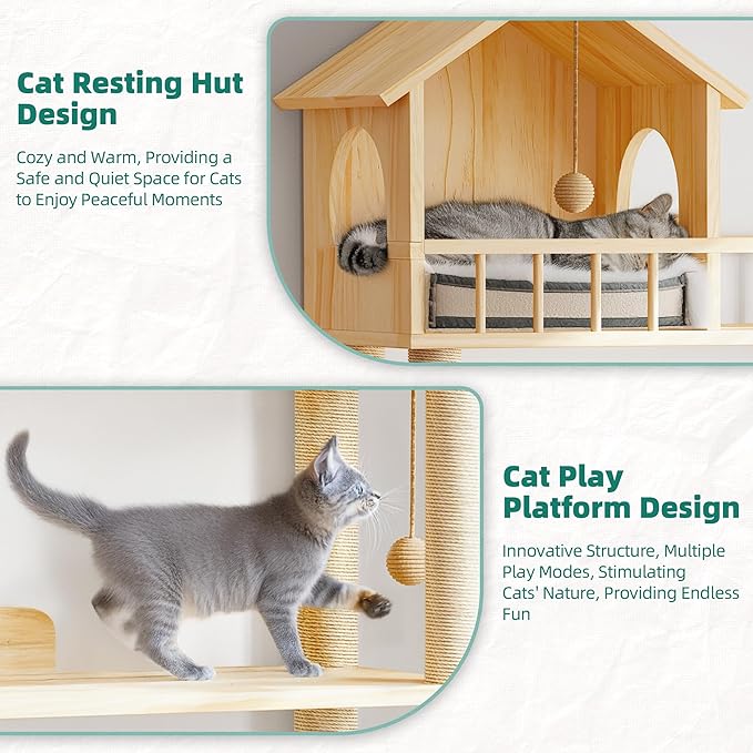 Wood Cat Tower for Automatic Litter Box, 60" Tall Cat Tree with Scratching Post, Multi-Level Solid Wood Cat Tree for Indoor Large Cats, Tall Cats Scratching Post Furniture w/House, Burlywood