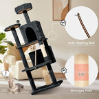57inch Large Cat Tree Tower Condo for Indoor Cats, Soft Plush Multi-Level Climbing Tree Cat House with Cat Cave, Scratching Post, More Entrance/Exit, Sisal Rope, Grey Black