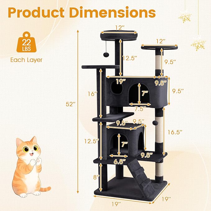 PETSITE 52-inch Cat Tree, Multi-Level Cat Tower with Sisal Scratching Posts, 2 Comfy Condos, Plush Padded Soft Top Perch, Dangling Balls, and Climbing Ladder, Ideal for Indoor Cats (Dark Grey)