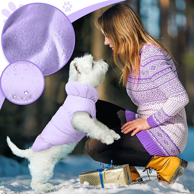 Winter Warm Dog Jacket for Small Medium Dogs Cat Cold Weather Coats with Harness Paded Dogs Fleece Vest Waterproof Windproof Dog Snow Jacket Pet Puppy Clothes (Purple,XS)