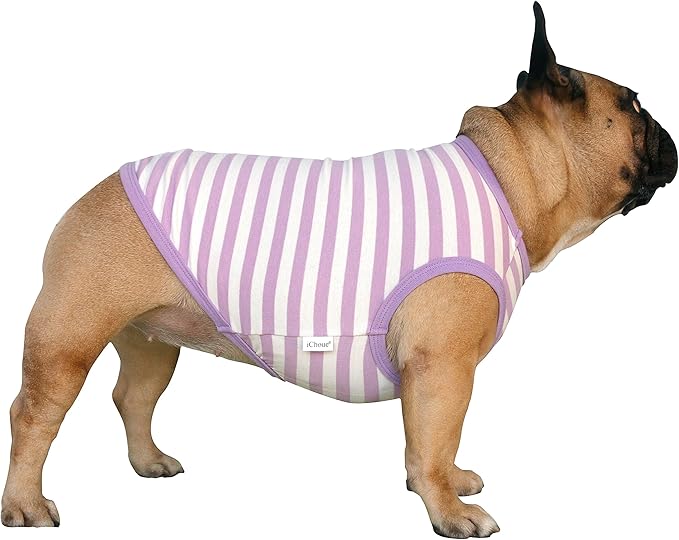 iChoue French Bulldog 100% Breathable Cotton Striped T Shirts Halloween Vest Clothes for Medium Dogs Tank Tops Frenchie Pug English Boston Terrier Pitbull Purple White Stripes - Large Plus