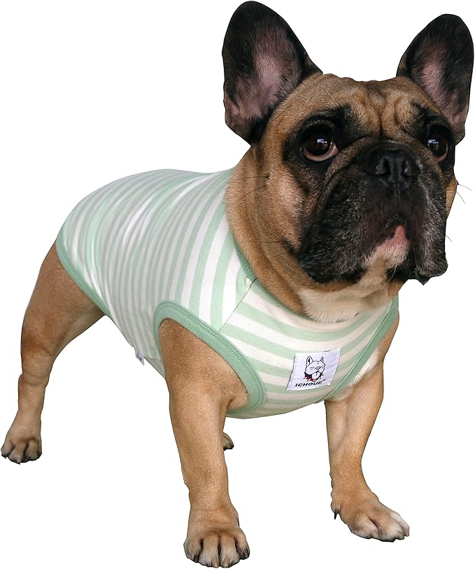 iChoue Pug 100% Breathable Cotton Striped T Shirts Halloween Vest Clothes for Medium Dogs Tank Tops Puppy French Bulldog Frenchie English Boston Terrier Pitbull Green White Stripes - Small