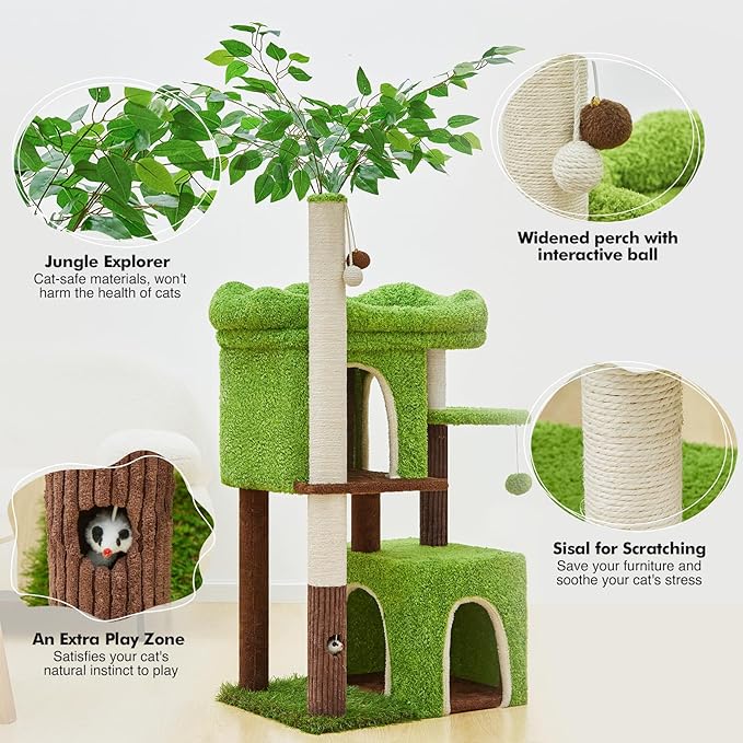 60in Cat Tree with Cat Scratching Post Tree-Shaped Cat Tree Tower with 2 Large Cat Houses and Wide Top Perch Bed for Adults and Large Cats