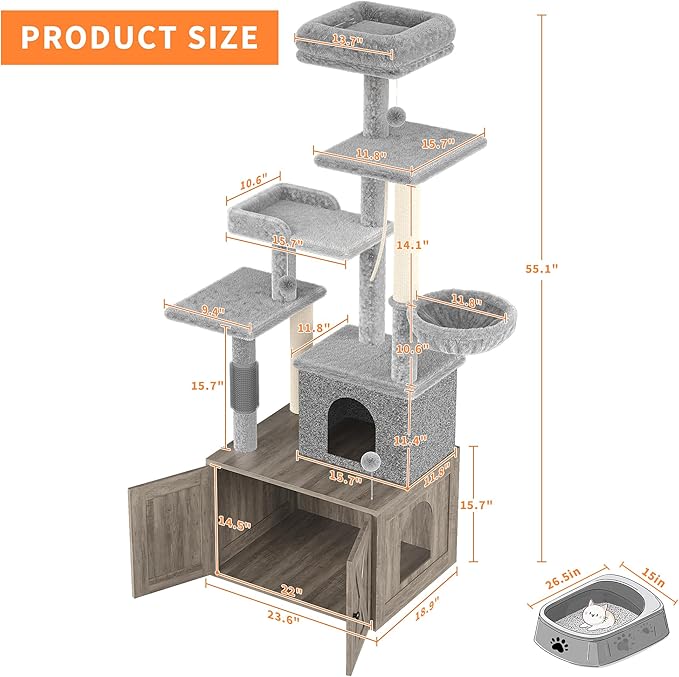Cat Tree with Litter Box Enclosure, Hidden Cat Washroom Furniture,All-in-One Indoor Kitten House w/Scratching Posts, Multiple Platform and Condo, Modern Style Cat Tower, Hammock,Gray
