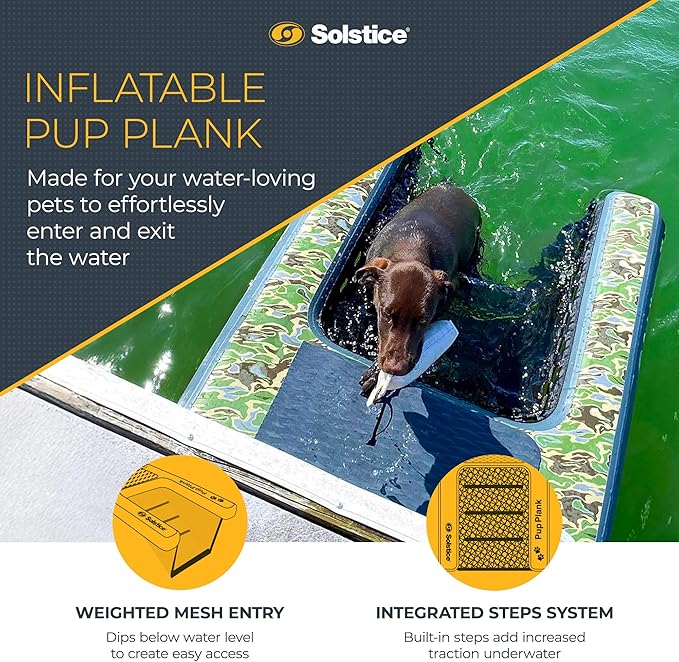 SOLSTICE Inflatable Pup Plank, Dog Water Ramp for Boats and Docks, XL Camo, 200 lb Capacity - Floating Platform for Pets for Lake, River, Beach & Swimming Pool, Includes Pump, Patent-Protected Design