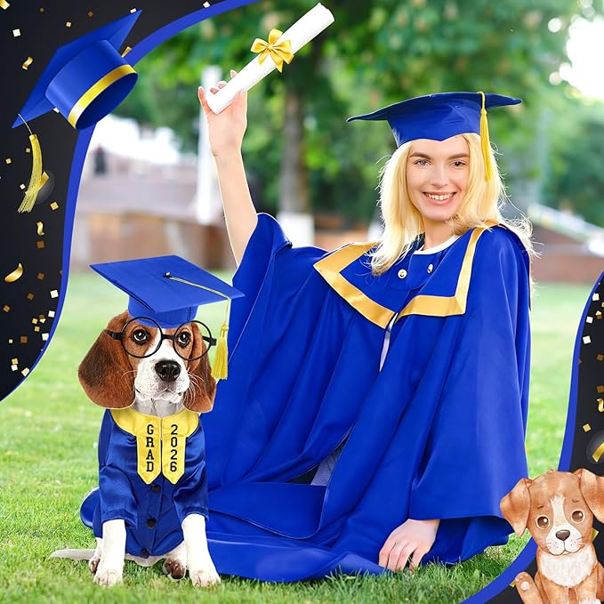 5 Pcs Dog Graduation Costume Set Include 2026 Pet Graduation Gown with Stole Puppy Grad Cap Lensless Glasses DIY Letter Stickers for Dogs Cats Holiday Costume Accessory(Blue Yellow,L)