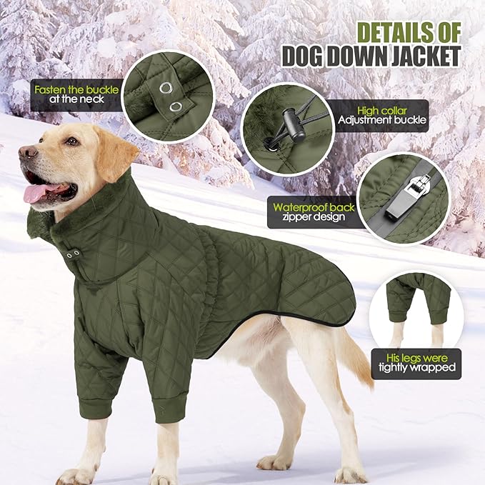 Warm Dog Coat with Double Zipper, Winter Dog Clothes for Small Medium Large Dogs, Turtleneck Dog Puffer Jacket, Two Legs Dog Cold Weather Coats, Wind & Waterproof Dog Winter Jacket