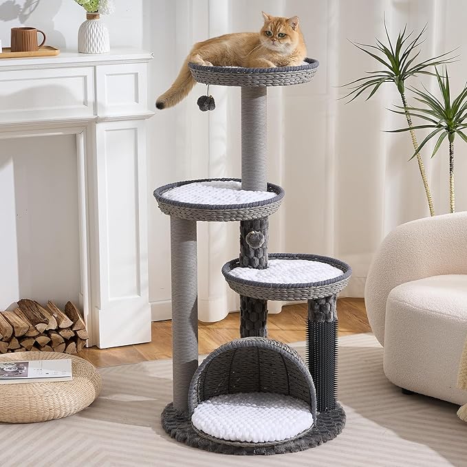 HITTITE Modern Cat Tree Tower with Scratching Post, 46 Inches Tall Cat Towers with Woven Cat Nests and Cave, Multi-Level Cat Tree With Removable Cushions and Massage Brush for Indoor Cats Large Adult.