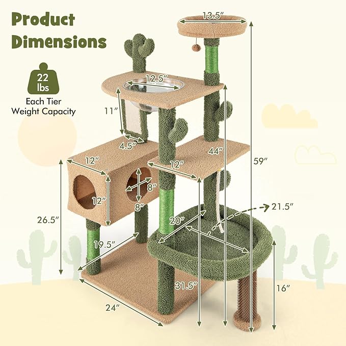 PETSITE 59 inch Cactus Cat Tree Tower, Multi-Level Cat Tower with Sisal Scratching Posts, Board and Rope, Cat Condo, Capsule Bed, Hanging Ball and Self Groomer, Cute Cat Tree for Indoor Cats