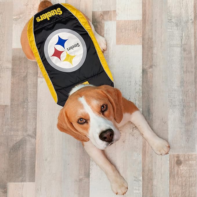 NFL Pittsburgh Steelers Puffer Vest for Dogs & Cats, Size Medium. Warm, Cozy, and Waterproof Dog Coat, for Small and Large Dogs/Cats. Best NFL Licensed PET Warming Sports Jacket
