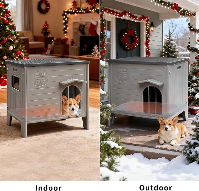 Dog House Outdoor with Dog Mat Bed Weatherpoof Plastic Dogs Houses Indoor Waterproof Stray/Pet Dog Shelter Outside for Medium and Small Dogs