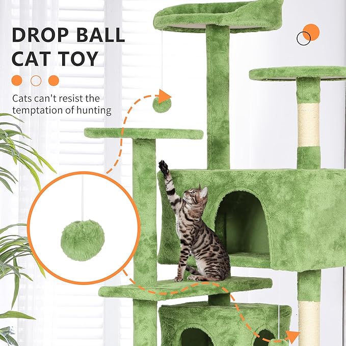 Heavy Duty Cat Tree,54 Inch Tall Cat Tower,2 Cozy Condos,Scratching Posts,Ladders & Sisal Pole,Multi-Level Perches Platforms for Indoor Cats,Sturdy Pet Climbing Furniture,Green