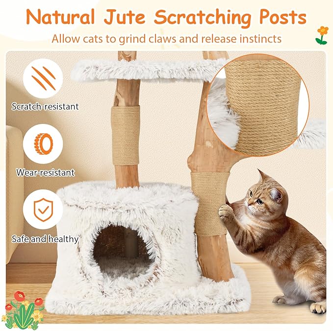 Tangkula Modern Cat Tree, 53 Inch Tall Natural Branch Wooden Cat Tower with Jute Scratching Posts, Plush Perch, Condo, Aesthetic Luxury Solid Wood Flower Cat Tree for Indoor Cats Large Adult (White)