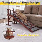 Dog Ramp for Bed or Couch, Wooden Pet Ramp with 20° Gentle Slope, Removable Side Rails, Non-Slip Surface, Top Platform & Wheels, Safe Bed Ramp for Small, Large & Senior Dogs, 60" Long, Mahogany