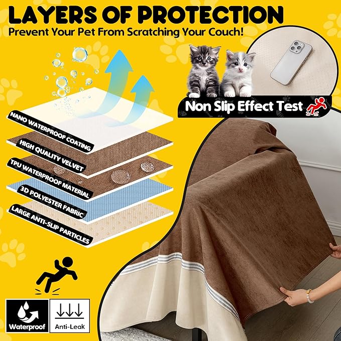 Loiion Cat Scratch Furniture Protector - Anti-Slip, Waterproof Sofa Cover to Keep Cats Off, Pet-Friendly Couch Protectors for 3 Cushion Couch, Anti-Scratch Couch Cover for Pets and Kids 150"X91"Brown