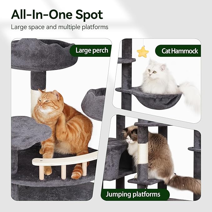 79in Giant Cat Tree for Heavy Duty Big Cats, Large Cat Trees with Scratching Post, Cat Tree Tower with Cat Condos, Hammock & Plush Perch for Maine Coon, Smoky Gray