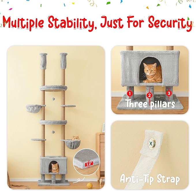 Cat Tree, Floor to Ceiling Cat Tower Adjustable Height [92.9-102.4in=235-258cm], 7 Tiers Cat Climbing Play House with Fully Sisal Scratching Post,Cozy Condo&Hammocks for Indoor Cats,Light Grey