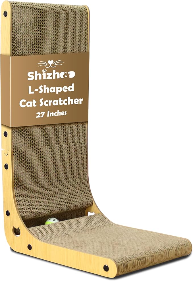 27" L Shaped Cat Scratchers for Indoor Cats, Corrugated Cardboard Cat Scratcher Pad, Vertical Scratching Board Indoor Use Protecting Furniture Scratch Pad, Cardboard Scratching with Ball Toy
