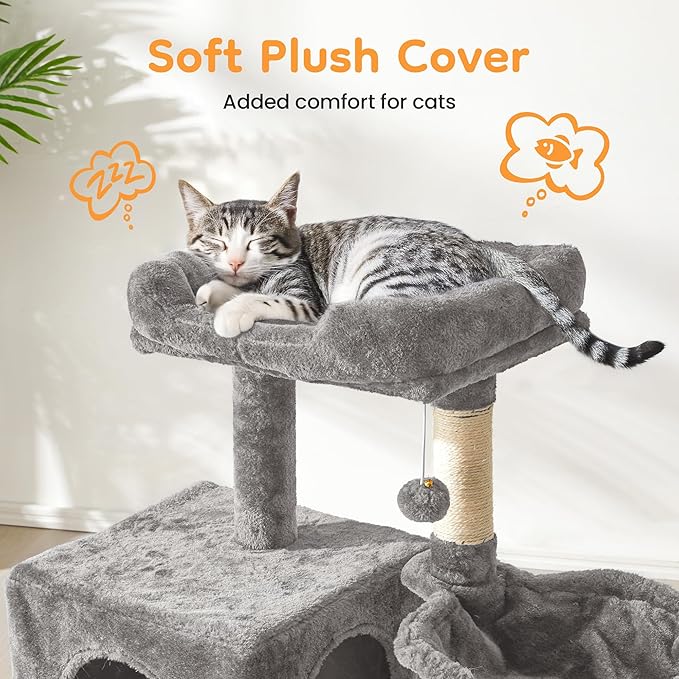 Multi-Level Cat Tree Tower for Large Cats with Scratching Posts, Condos, Perch, Hammocks & Toys, Cat Jungle Gym for Indoor Cats, Ideal for Multi-Cat Households, Gray