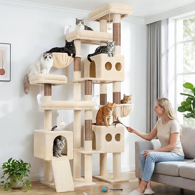 Globlazer 82" Extra Large Cat Tree for Big Cats, Heavy Duty Cat Tree for Multi-Cat Household, Maine Coon Cat Tree with 3 Condos, 2 Hammocks, 3 Perches & Scratching Board, S82D, Beige