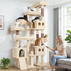 Globlazer 82" Extra Large Cat Tree for Big Cats, Heavy Duty Cat Tree for Multi-Cat Household, Maine Coon Cat Tree with 3 Condos, 2 Hammocks, 3 Perches & Scratching Board, S82D, Beige