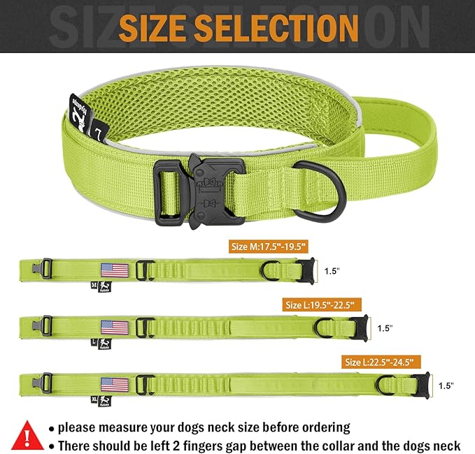 HYDEME Tactical Dog Collar, Alpine Loop Adjustable Military Training Nylon Dog Collars with Handle and Reflective for Small Medium Large Dogs, with Airtags Protective Case & Patches.(L,GrassGreen)