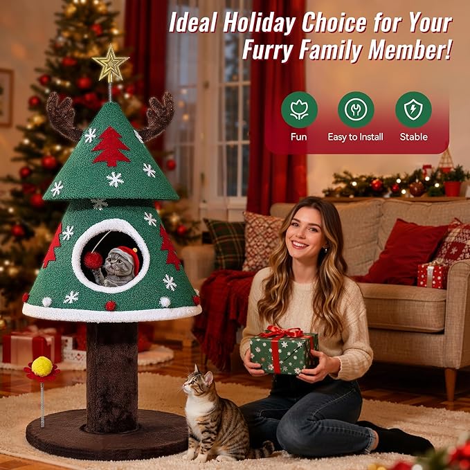 DWVO 47.2in Christmas Cat Tree for Indoor, Cat Tower Cute with Teaser Plaything, Holiday Kitty Climbing Furniture for Kittens to Play and Sleep